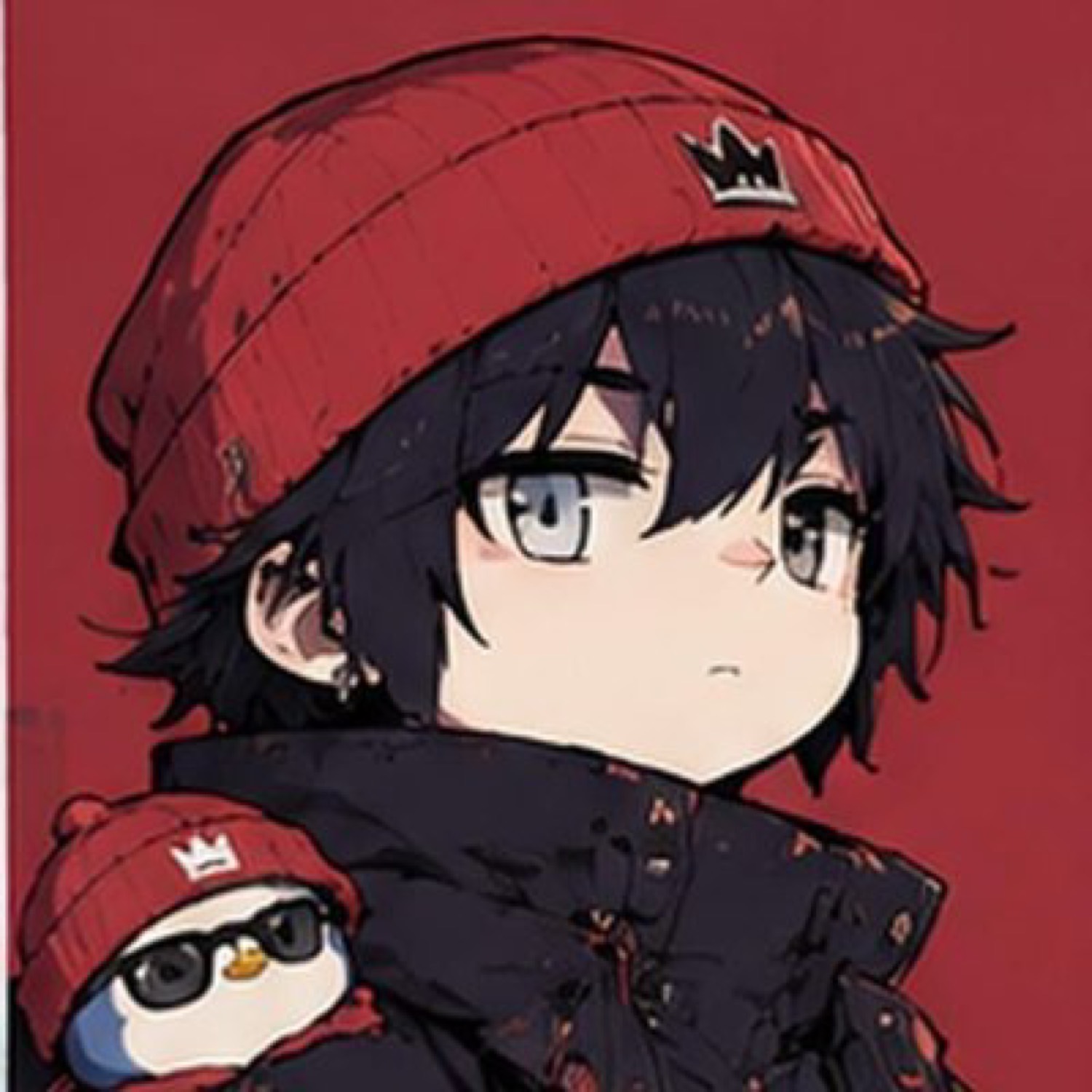 Black hair, red crown beanie, penguin at the shoulder