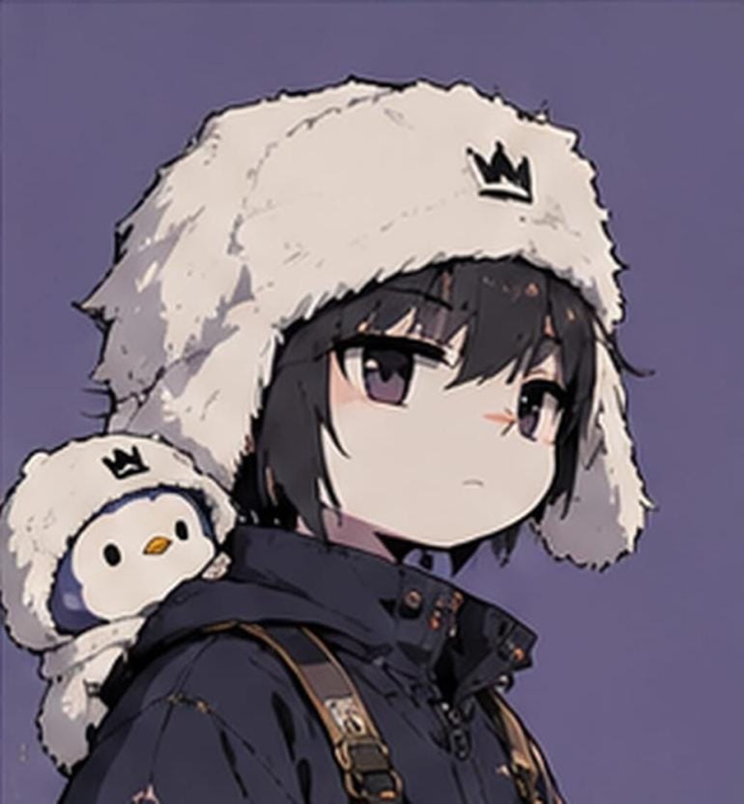 Black hair, white fur hat, penguin in a matching hood
