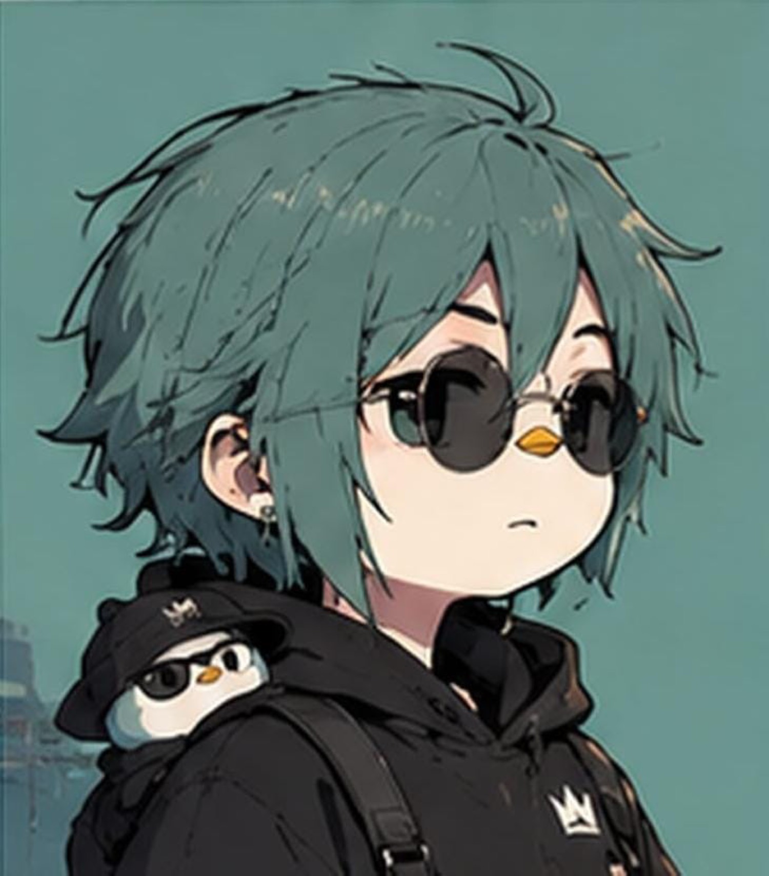 Teal hair, round sunglasses, penguin in a black cap